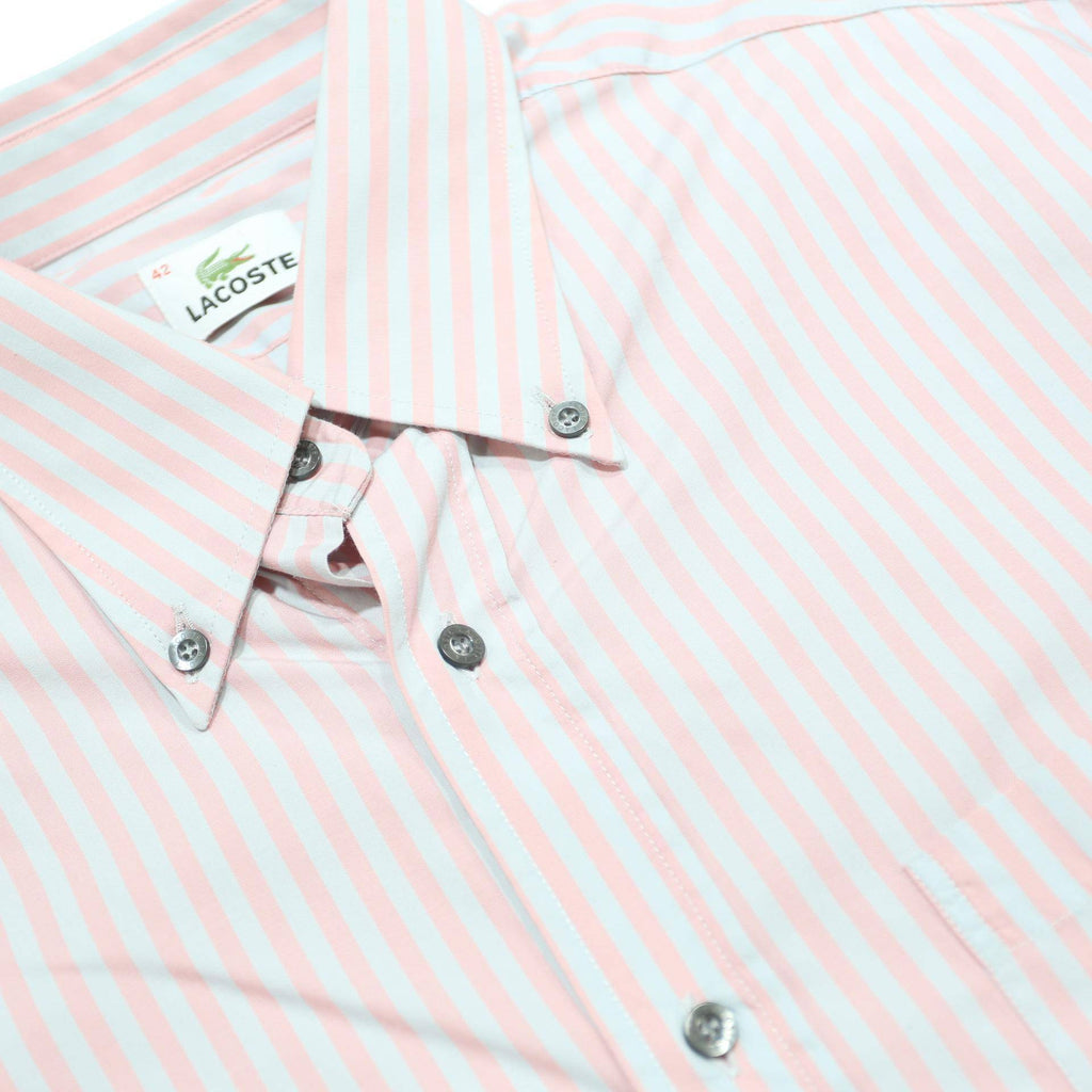LACOSTE Mens White & Pink Stripe Shirt L Cotton Long Sleeve Button Down Collar