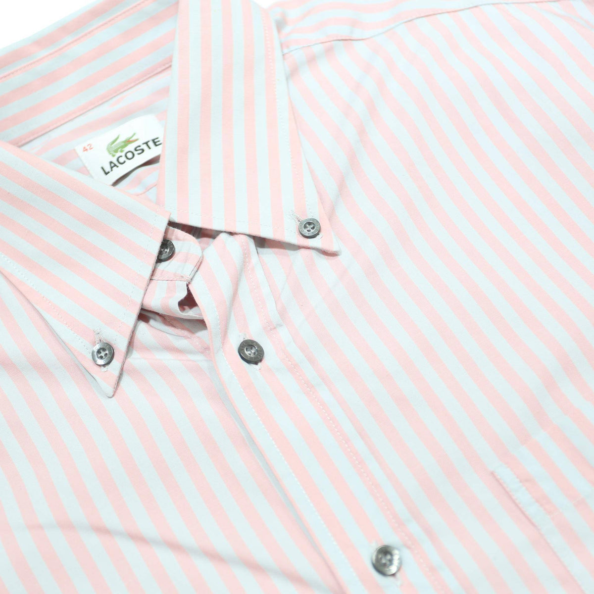LACOSTE Mens White & Pink Stripe Shirt L Cotton Long Sleeve Button Down Collar