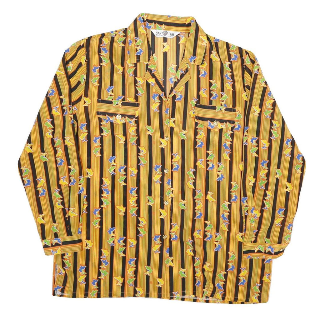 SAN FUH Womens Yellow & Black Striped Printed Shirt Long Sleeve Collared M