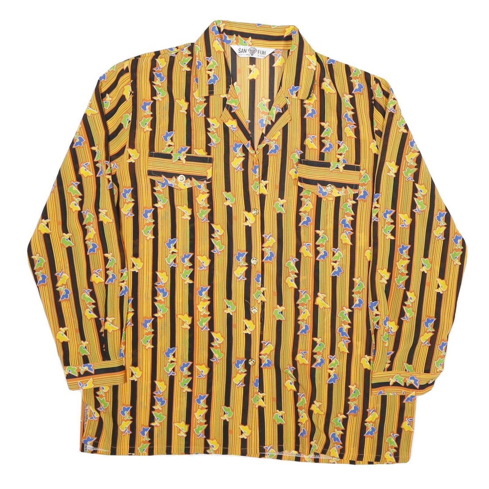 SAN FUH Womens Yellow & Black Striped Printed Shirt Long Sleeve Collared M