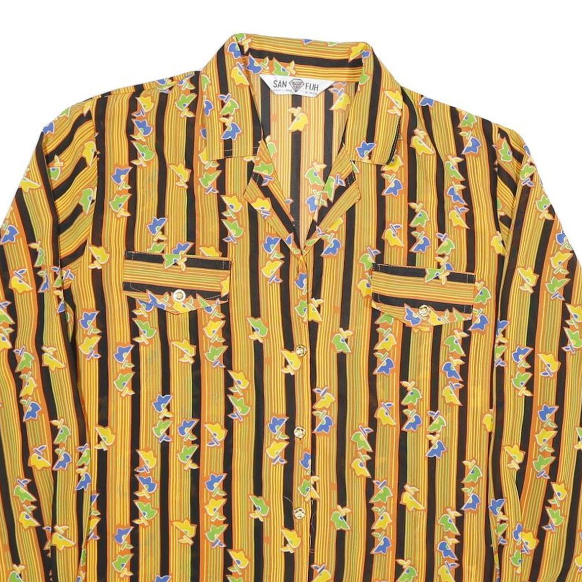 SAN FUH Womens Yellow & Black Striped Printed Shirt Long Sleeve Collared M