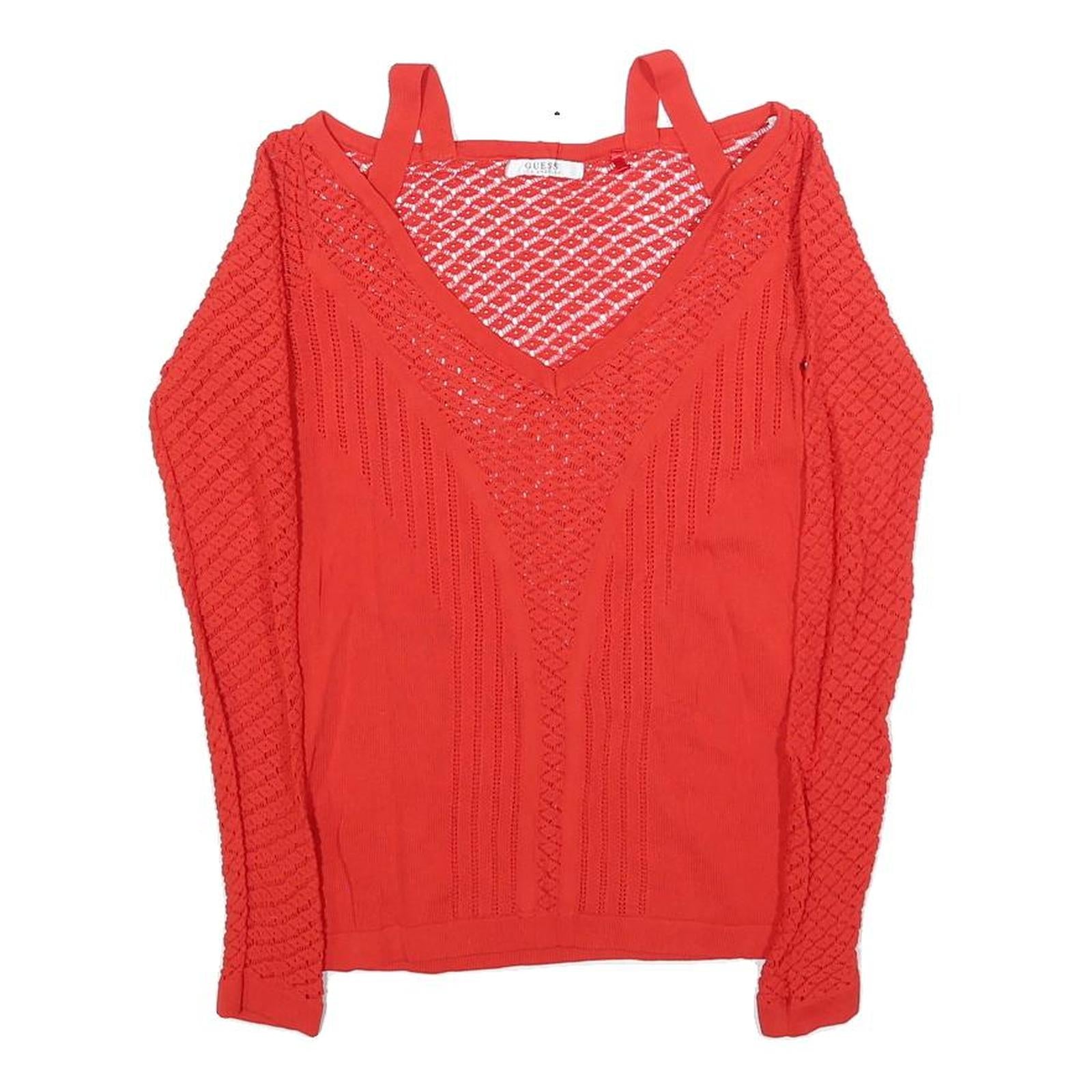 GUESS Womens Red Lace Detail Long Sleeve V-Neck Top S Stylish Knitwear