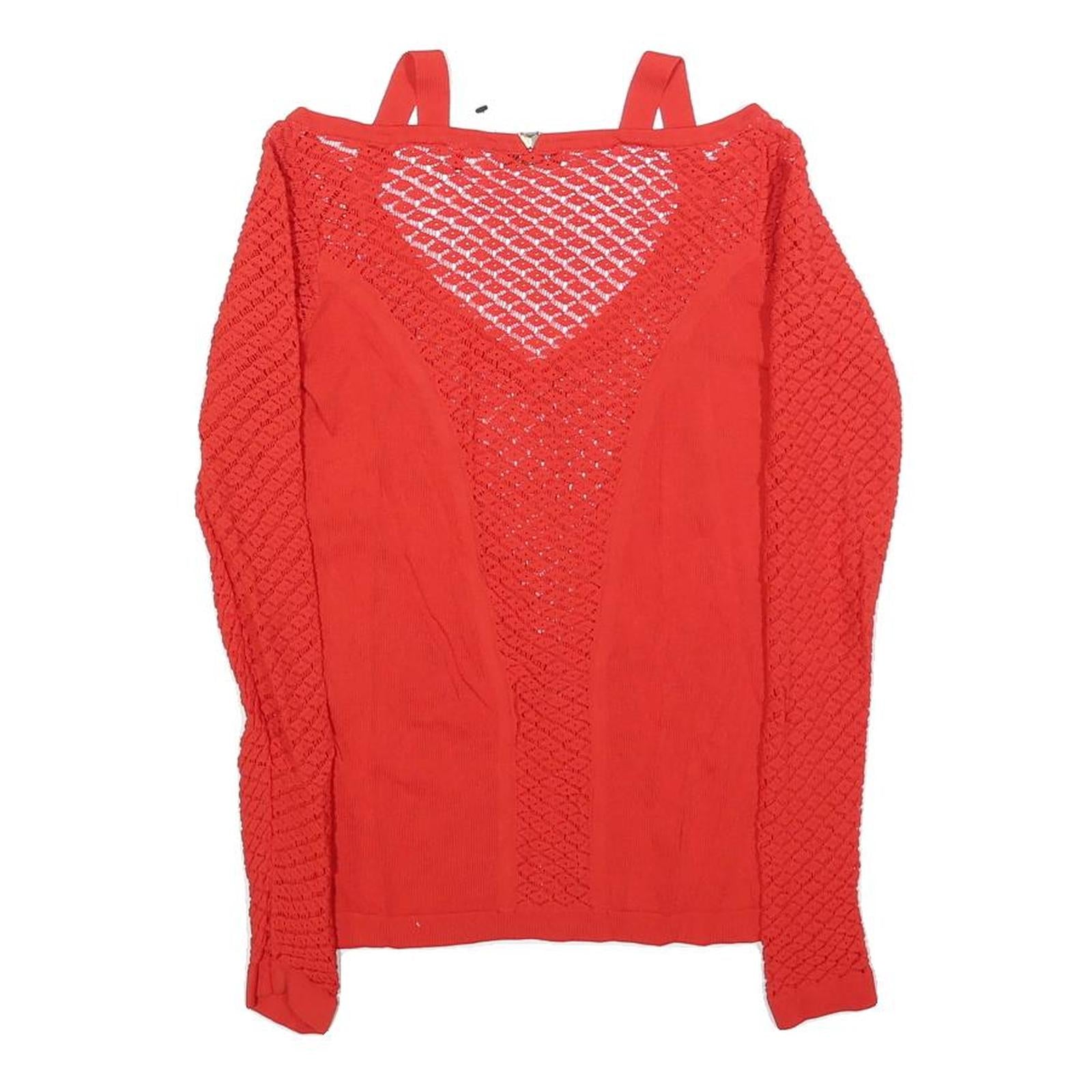 GUESS Womens Red Lace Detail Long Sleeve V-Neck Top S Stylish Knitwear