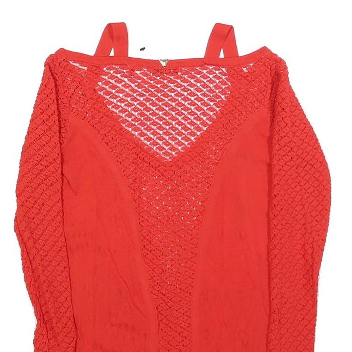 GUESS Womens Red Lace Detail Long Sleeve V-Neck Top S Stylish Knitwear