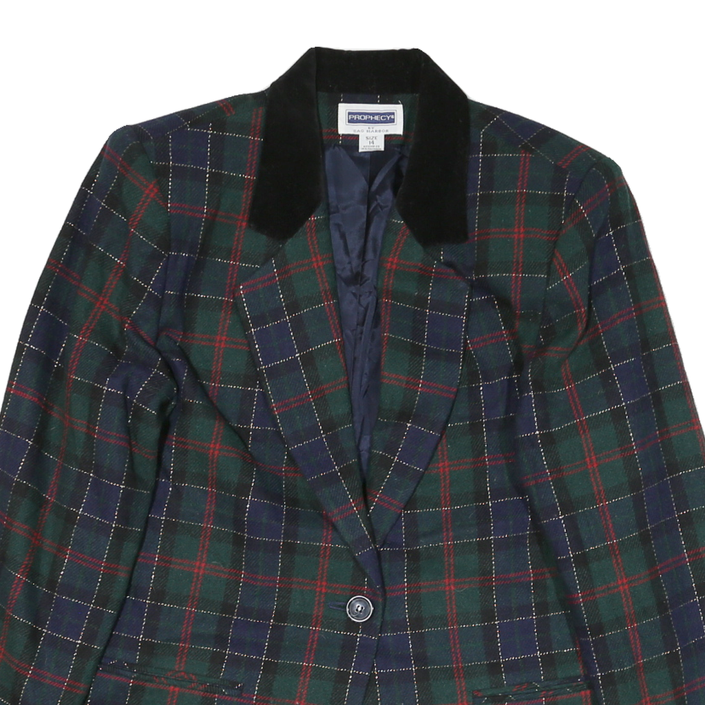 PROPHECY Womens Green & Navy Check Wool Jacket UK 14 Button Closure Classic Fit