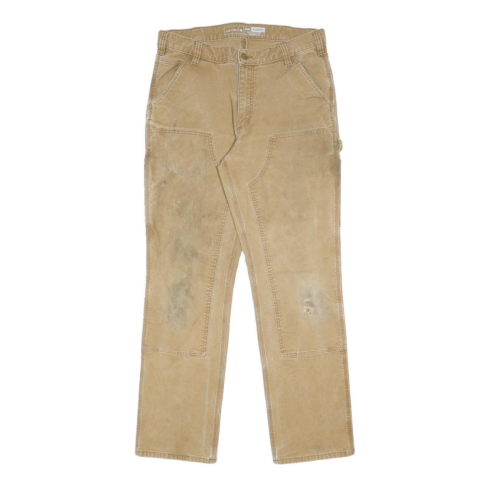 CARHARTT Mens Cotton Blend Beige Relaxed Straight Trousers W35 L31 Workwear Zip