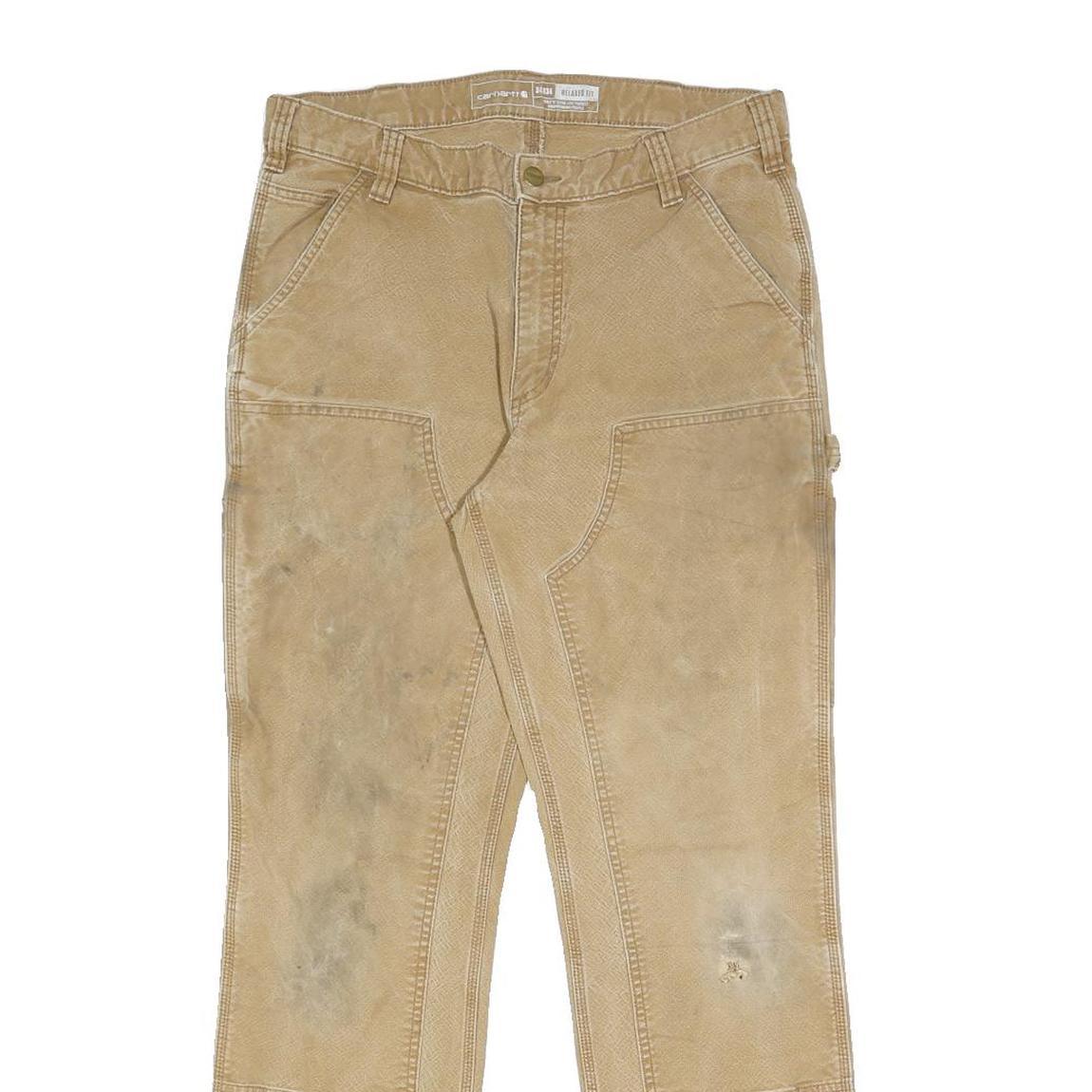 CARHARTT Mens Cotton Blend Beige Relaxed Straight Trousers W35 L31 Workwear Zip