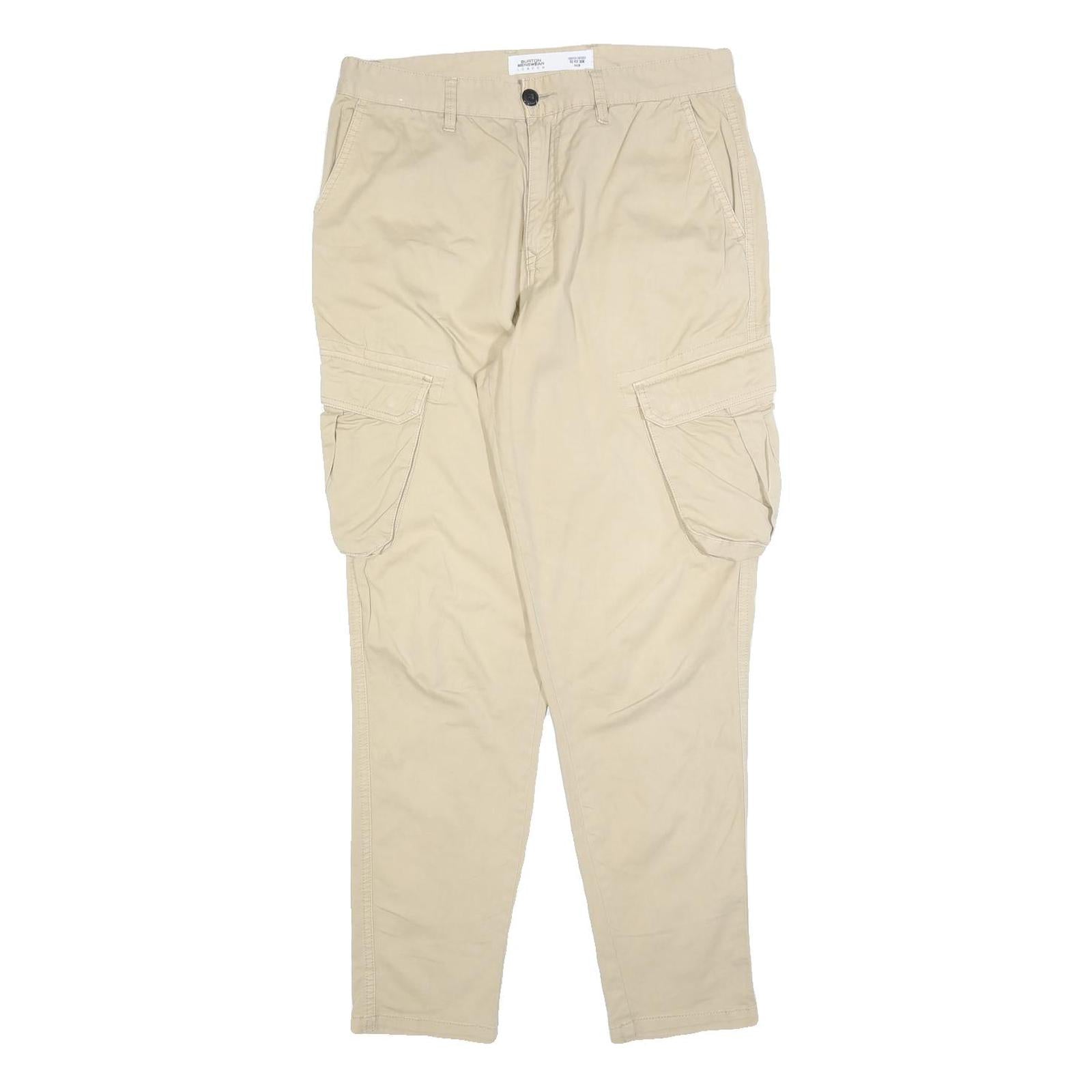 BURTON Mens Cotton Blend Beige Slim Cargo Trousers W30 L30 Casual Zip Closure