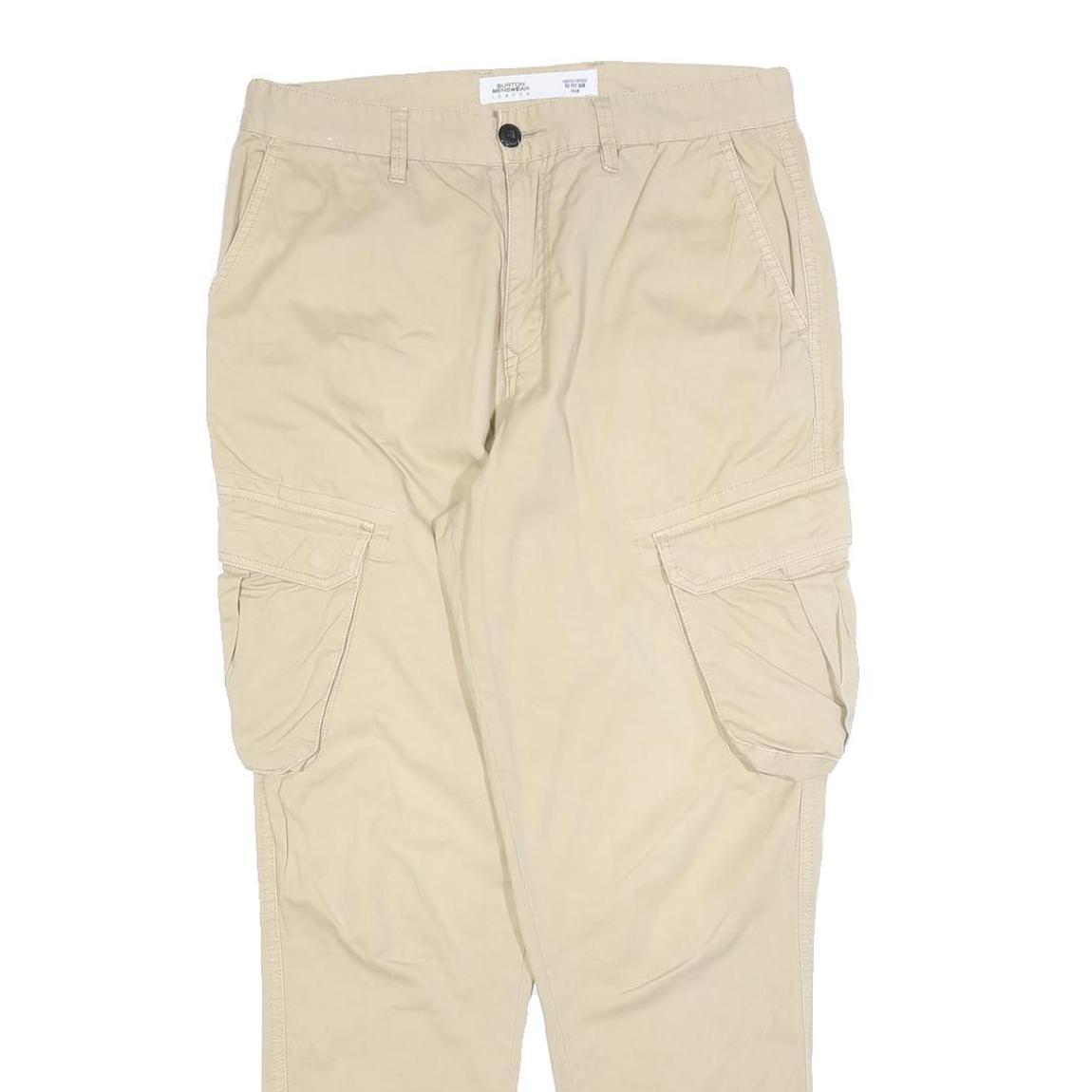 BURTON Mens Cotton Blend Beige Slim Cargo Trousers W30 L30 Casual Zip Closure