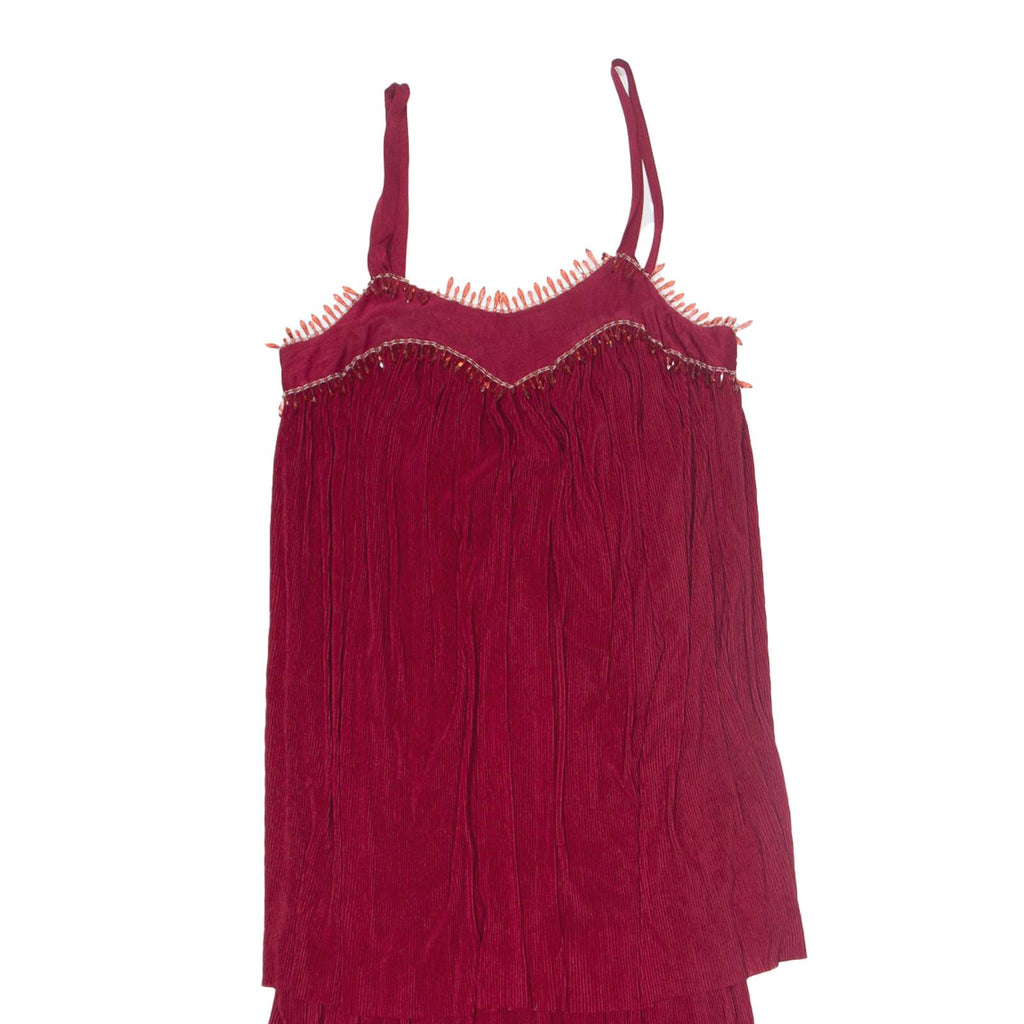 Beaded Womens Day Dress Maroon Sleeveless Midi M