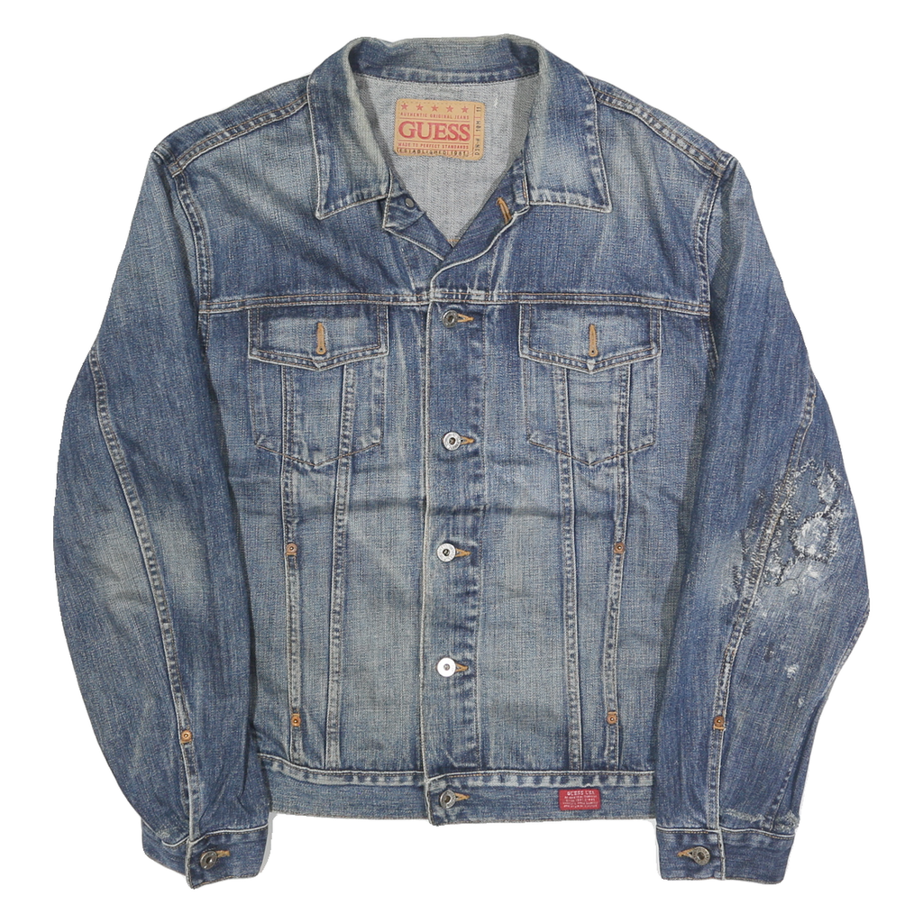 GUESS Mens Blue Denim Jacket M Cotton Button Casual Vintage Distressed
