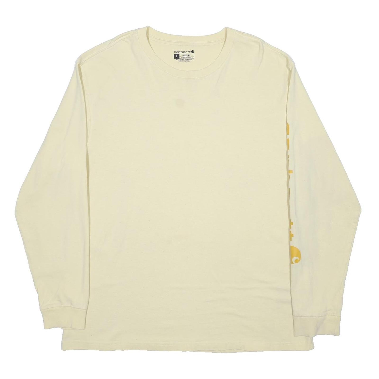CARHARTT Mens Cream Long Sleeve Crew Neck Cotton Blend T-Shirt L Logo Print