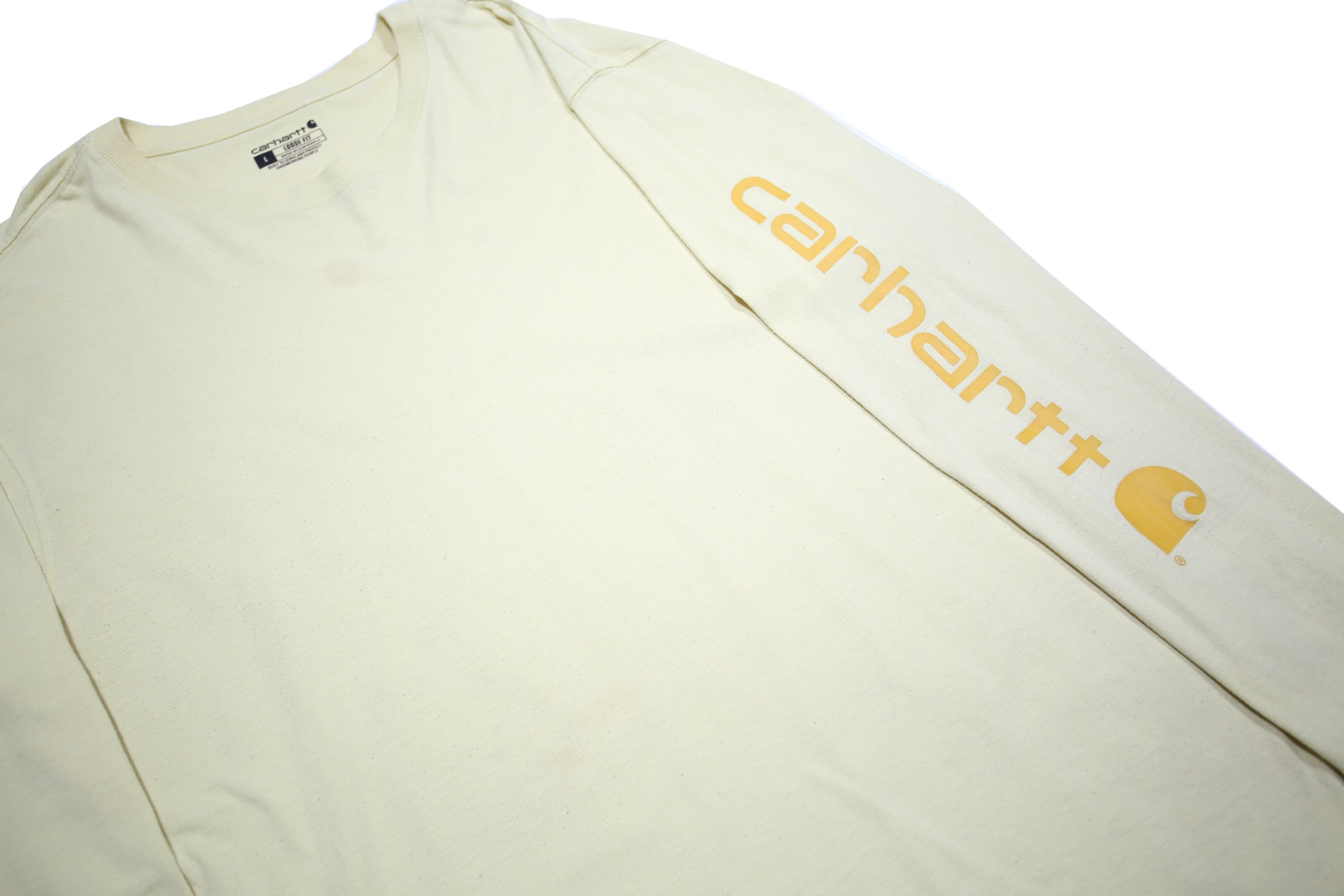 CARHARTT Mens Cream Long Sleeve Crew Neck Cotton Blend T-Shirt L Logo Print