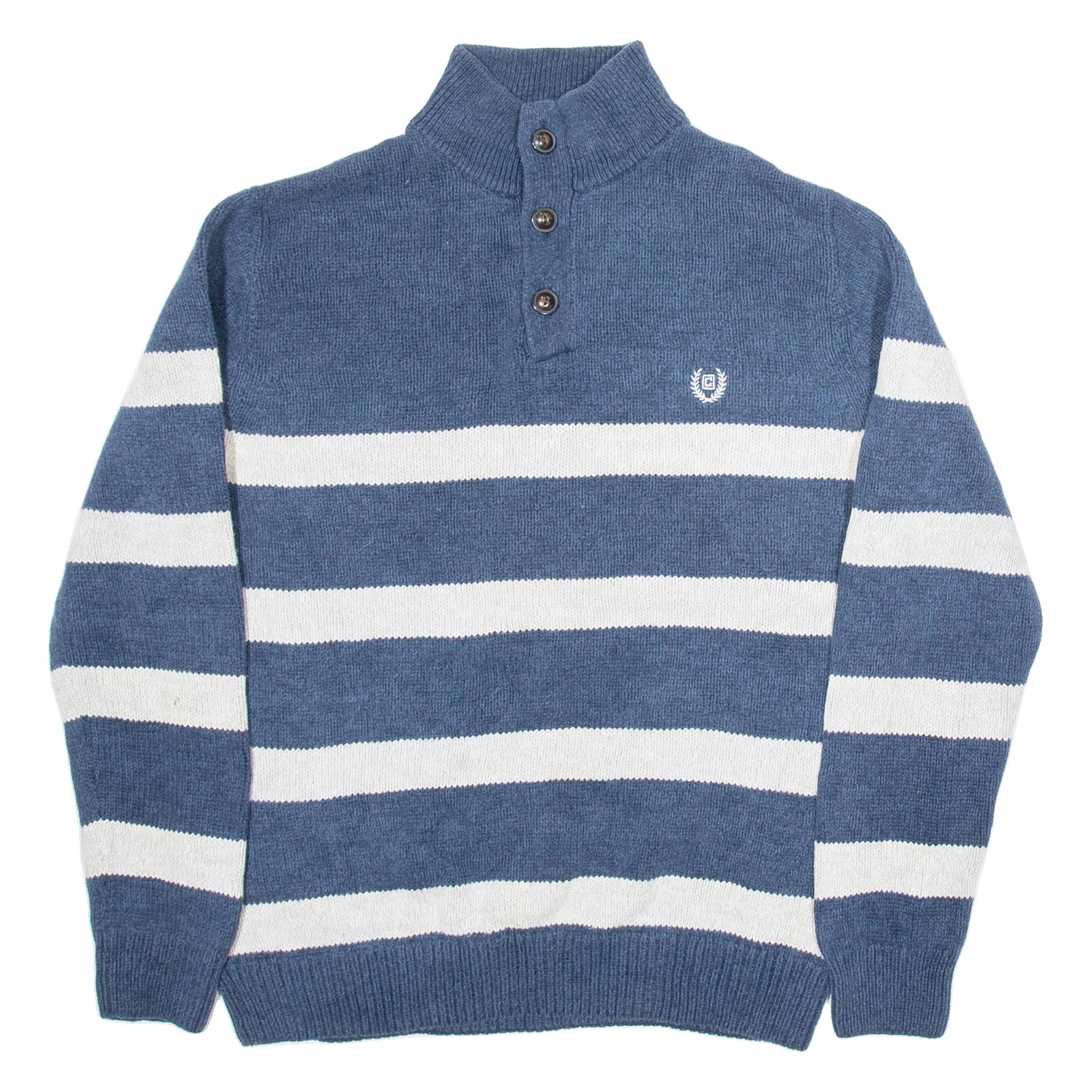 CHAPS Mens Patterned Jumper Blue Striped Button Neck Tight Knit S