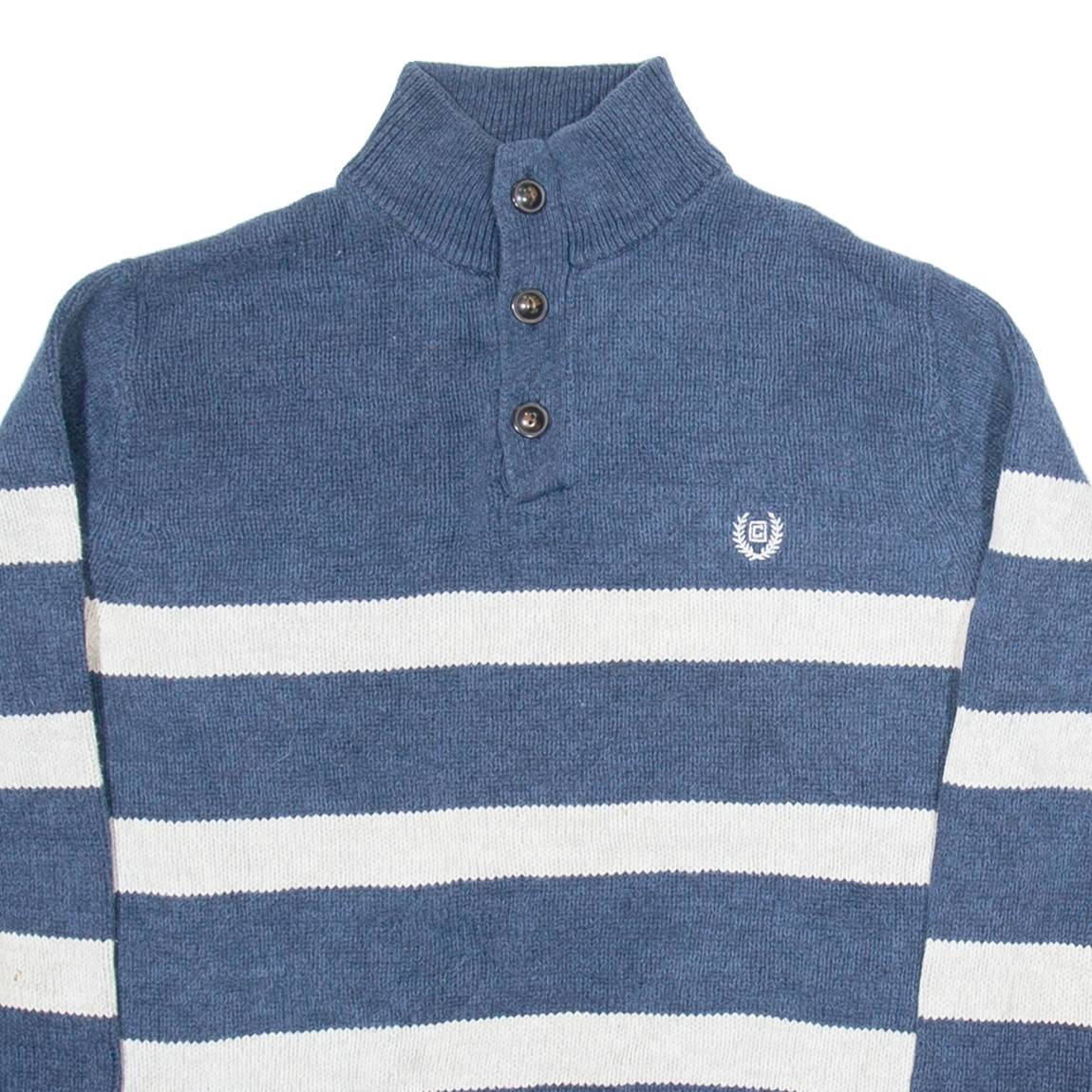 CHAPS Mens Patterned Jumper Blue Striped Button Neck Tight Knit S