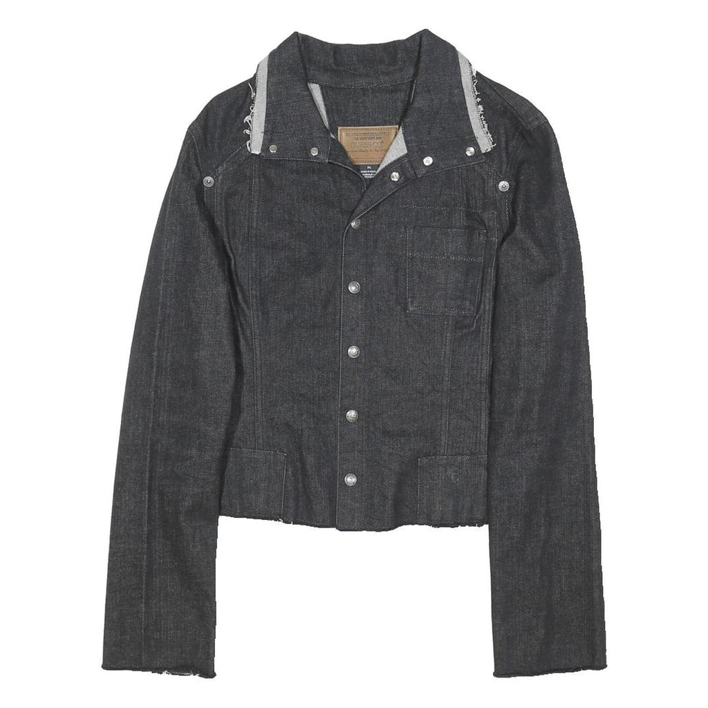 GUESS Womens Black Denim Button Jacket XL Cotton Plain Cropped Long Sleeve Raw