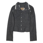 GUESS Womens Black Denim Button Jacket XL Cotton Plain Cropped Long Sleeve Raw