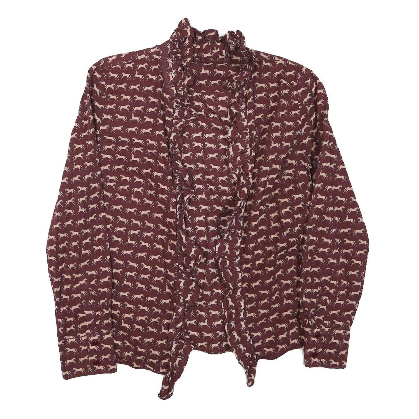 ZARA Womens Maroon & Cream Animal Print Blouse Long Sleeve Collared XS Ruffle