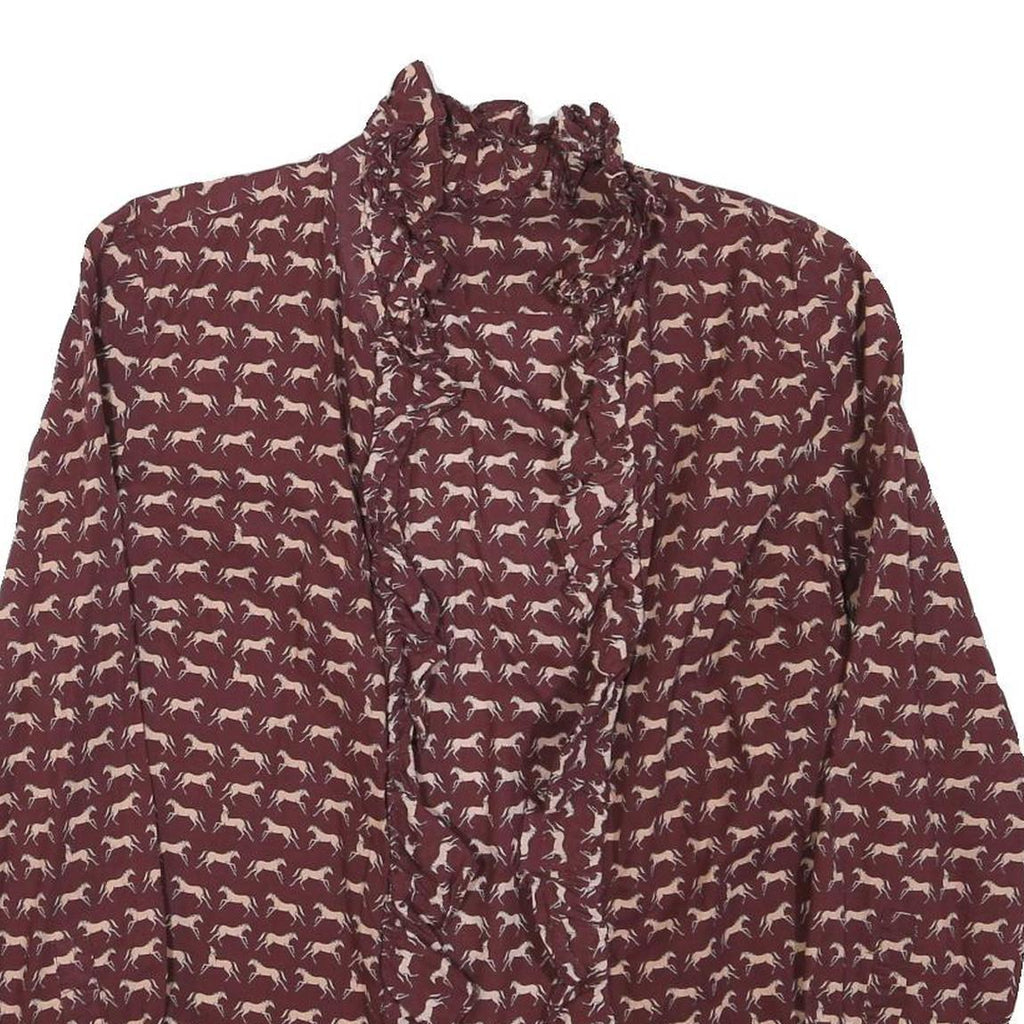 ZARA Womens Maroon & Cream Animal Print Blouse Long Sleeve Collared XS Ruffle