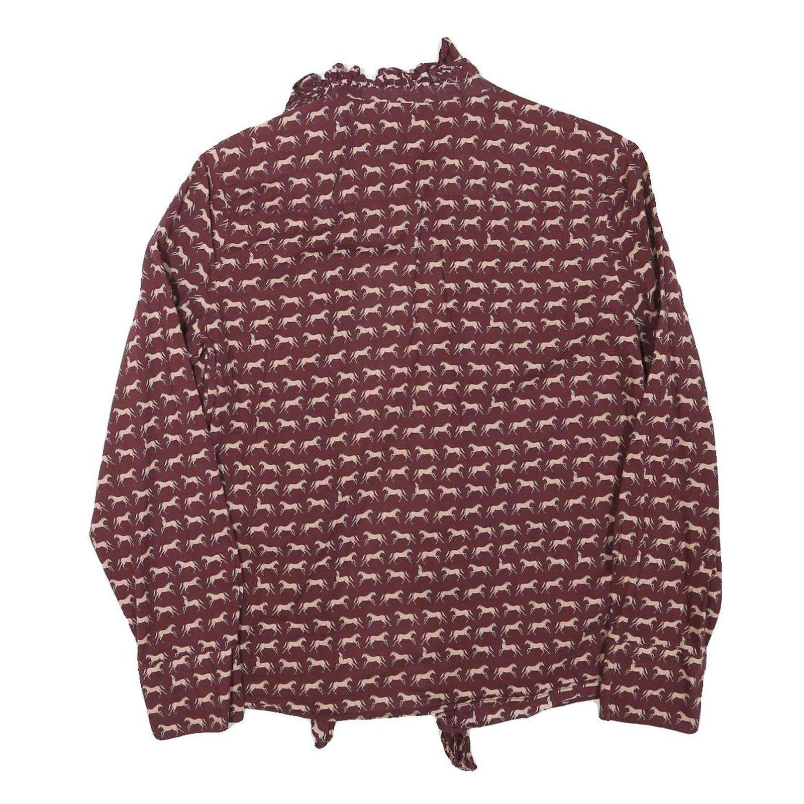 ZARA Womens Maroon & Cream Animal Print Blouse Long Sleeve Collared XS Ruffle