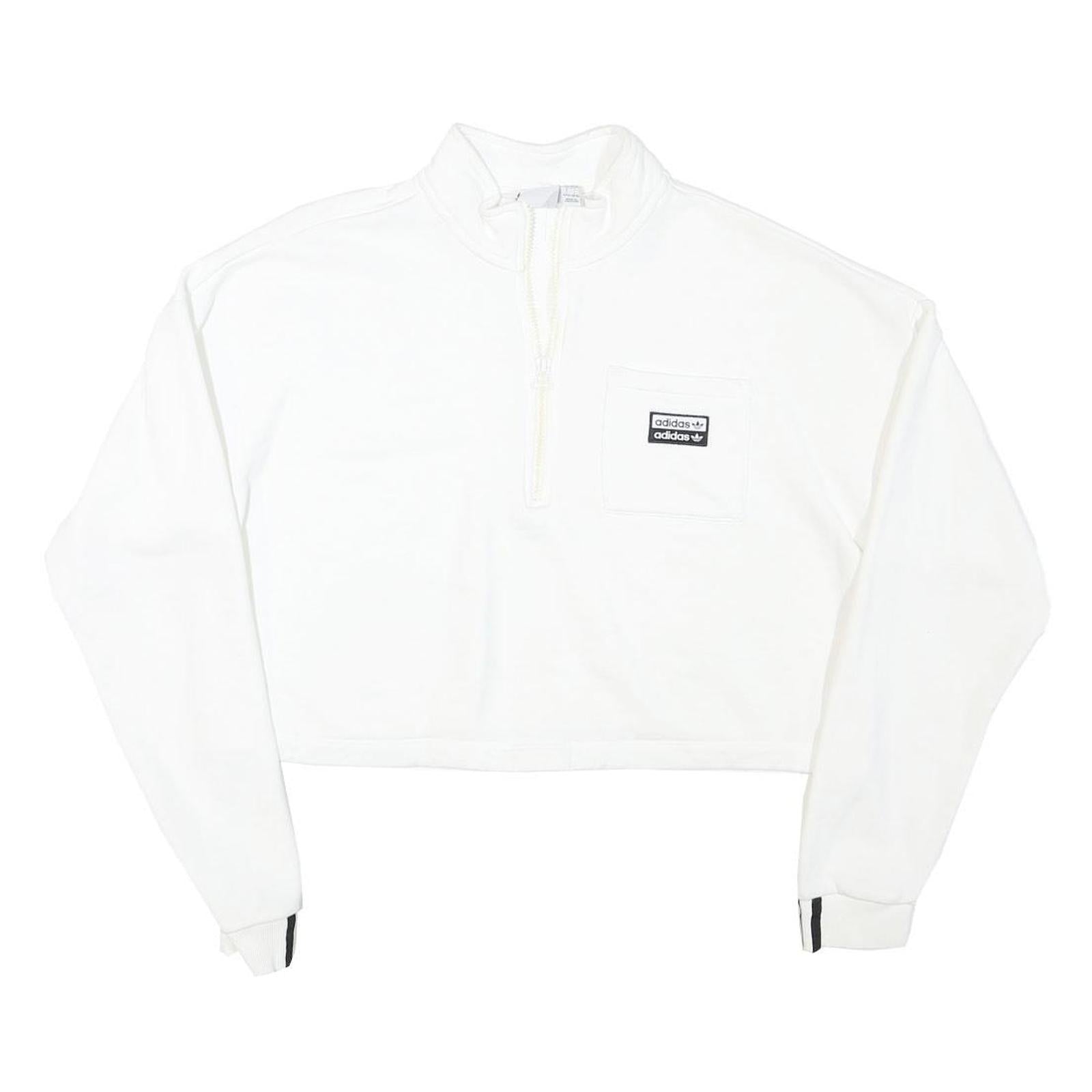 ADIDAS Womens White Quarter Zip Sweatshirt L Cropped Cotton Blend 3 Stripe Cuffs
