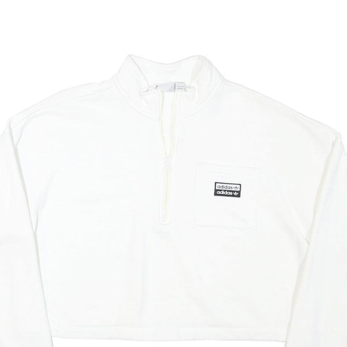 ADIDAS Womens White Quarter Zip Sweatshirt L Cropped Cotton Blend 3 Stripe Cuffs