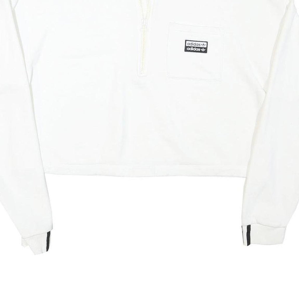 ADIDAS Womens White Quarter Zip Sweatshirt L Cropped Cotton Blend 3 Stripe Cuffs
