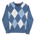TOMMY HILFIGER Mens Blue & White Argyle Patterned Cotton Jumper V-Neck M