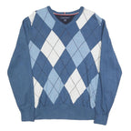 TOMMY HILFIGER Mens Blue & White Argyle Patterned Cotton Jumper V-Neck M