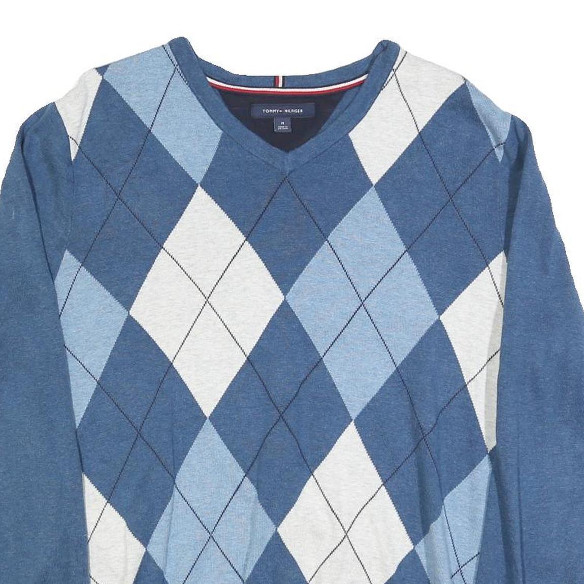 TOMMY HILFIGER Mens Blue & White Argyle Patterned Cotton Jumper V-Neck M
