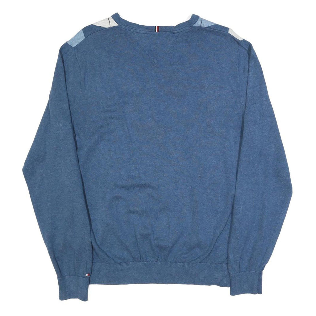 TOMMY HILFIGER Mens Blue & White Argyle Patterned Cotton Jumper V-Neck M