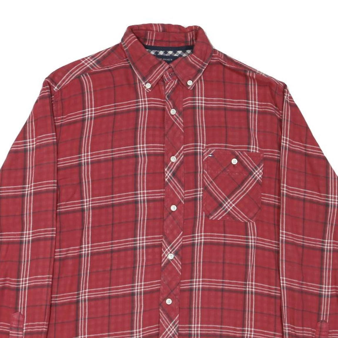 TOMMY HILFIGER Mens Red Plaid Shirt S Button Down Casual Cotton Blend