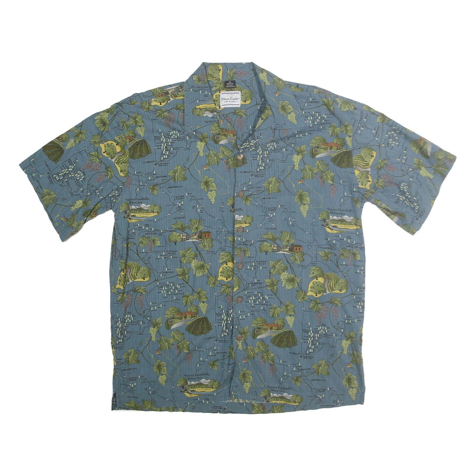 DAVID CAREY Mens Blue Green Map Print Casual Shirt XL Cotton Blend Short Sleeve