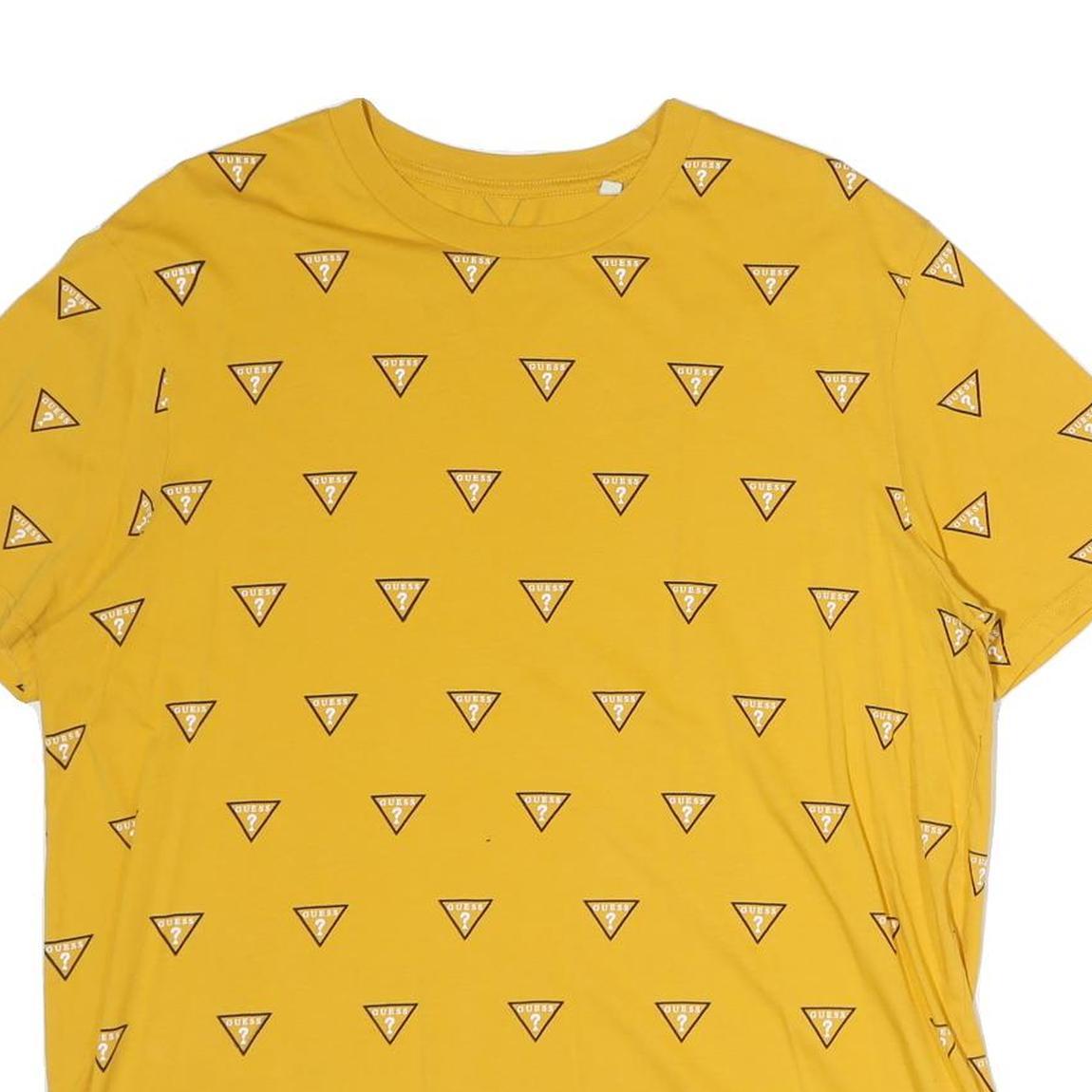 GUESS Mens Yellow Cotton Graphic T-Shirt XL Short Sleeve Crew Neck Logo All Over