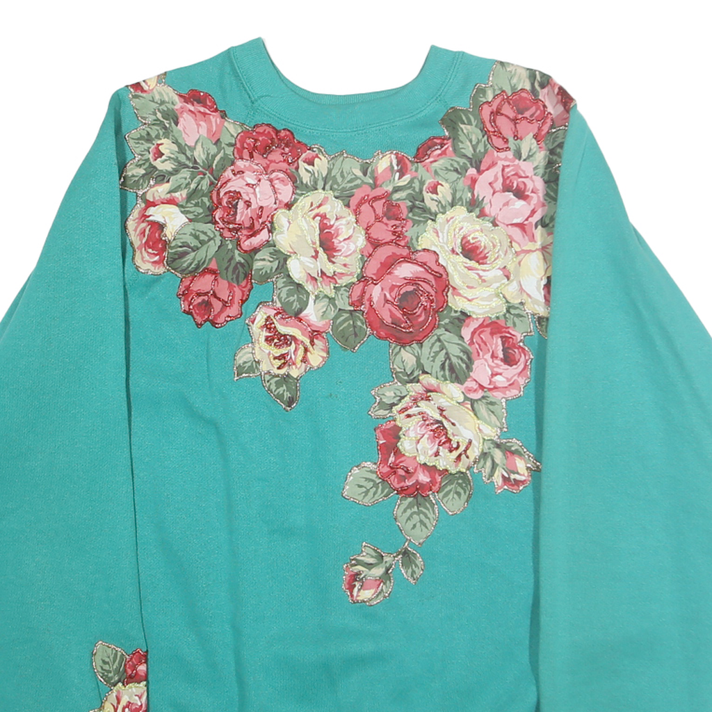 TULTEX Womens Turquoise Blue Cotton Blend Crew Neck XL Floral Sweatshirt