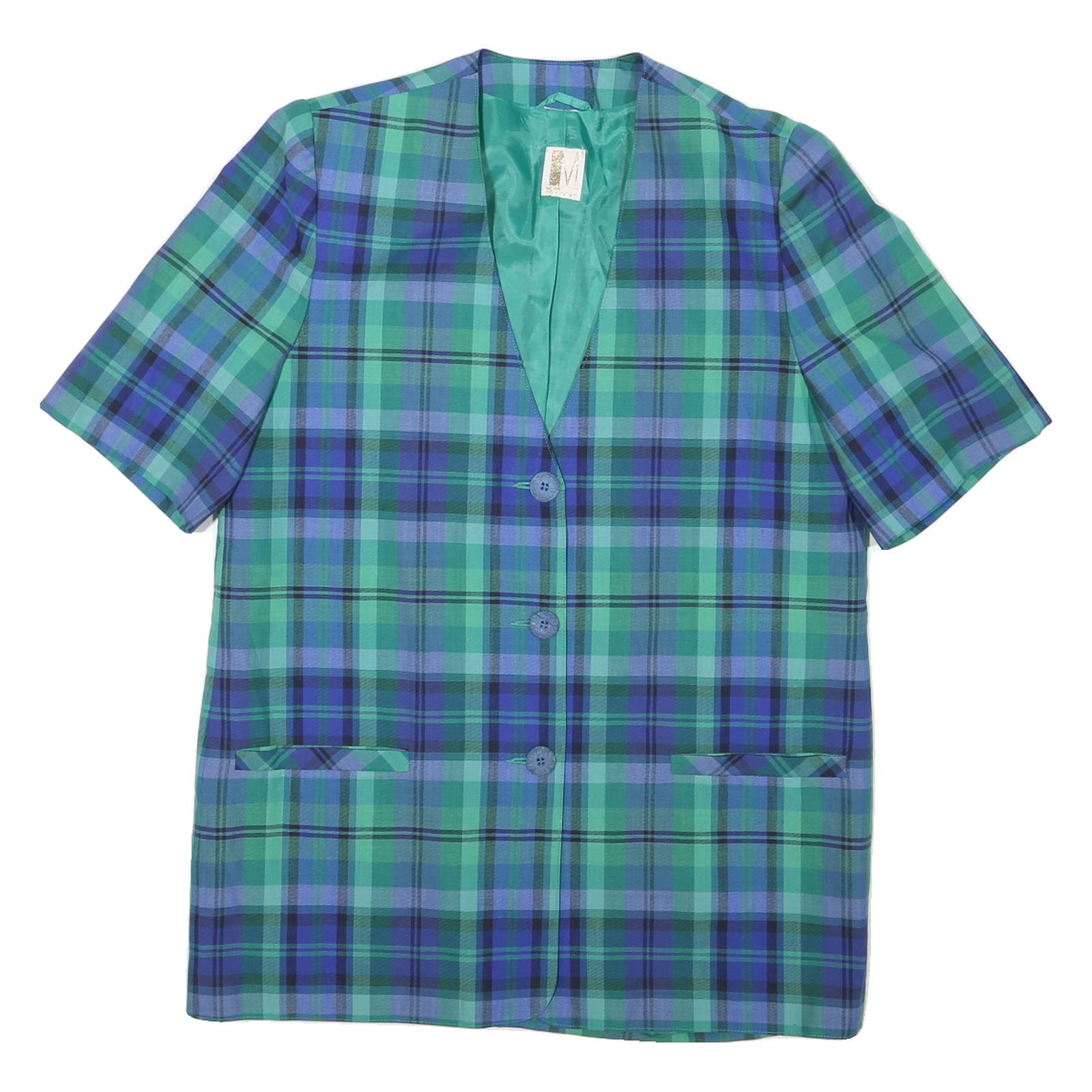 Womens Blue & Green Checked Coach Jacket L Polyester Blend Woven Short Sleeve
