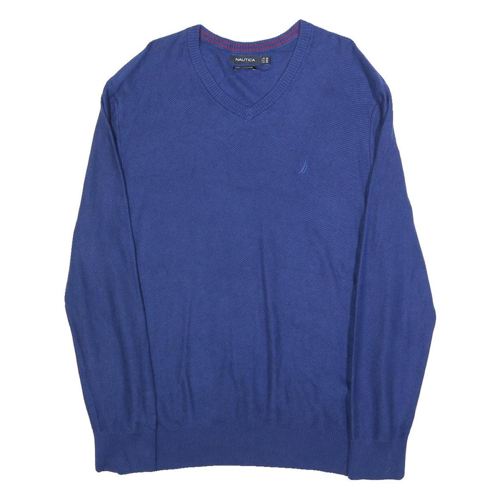 NAUTICA Mens Blue Plain V-Neck Basic Knit 2XL Cotton Blend Jumper Comfortable