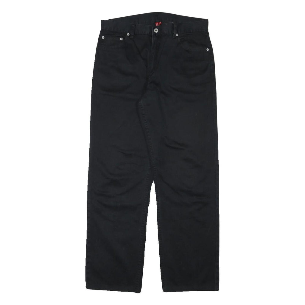 Mens Black Cotton Blend Regular Fit Straight Leg Trousers W32 L30 Classic Zip