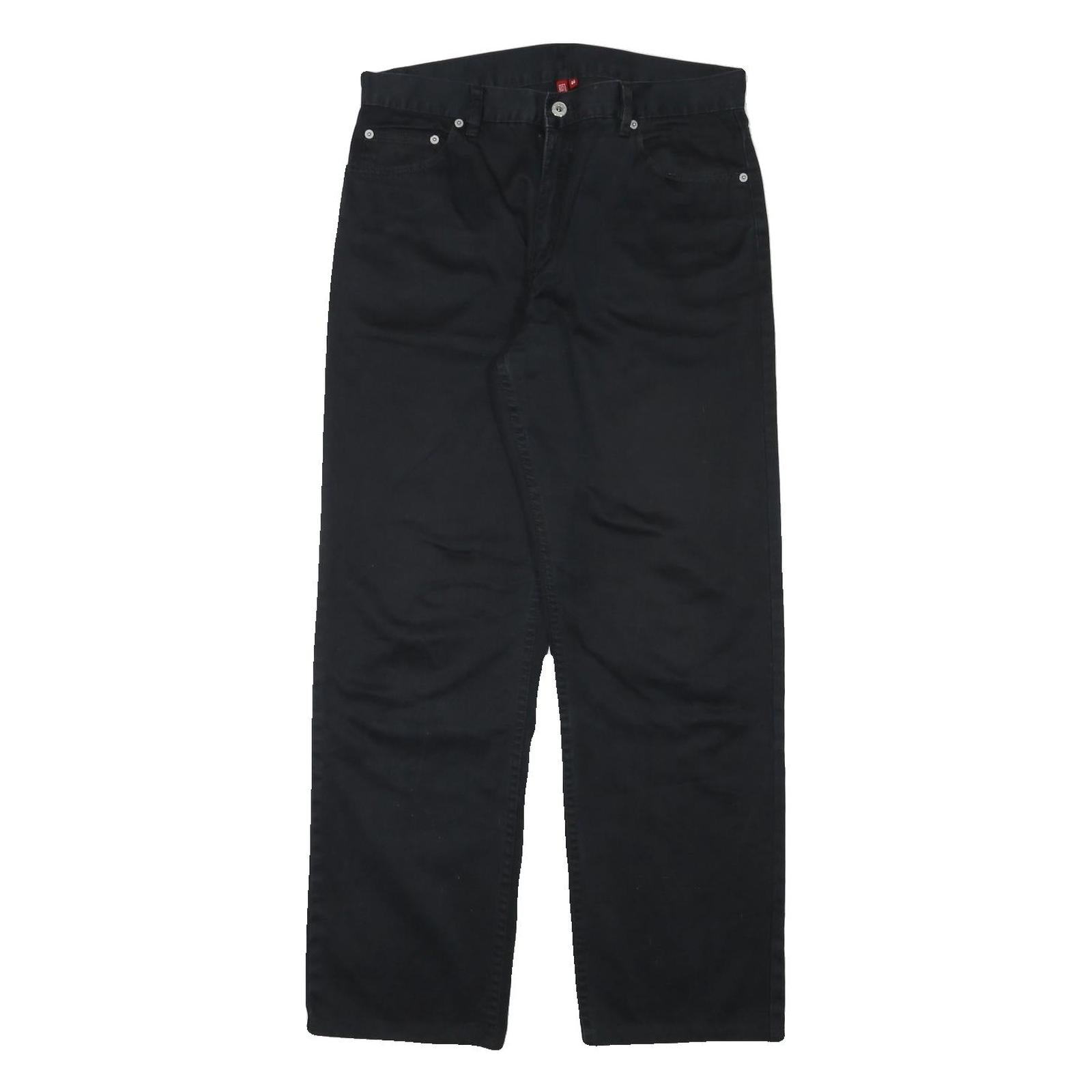 Mens Black Cotton Blend Regular Fit Straight Leg Trousers W32 L30 Classic Zip