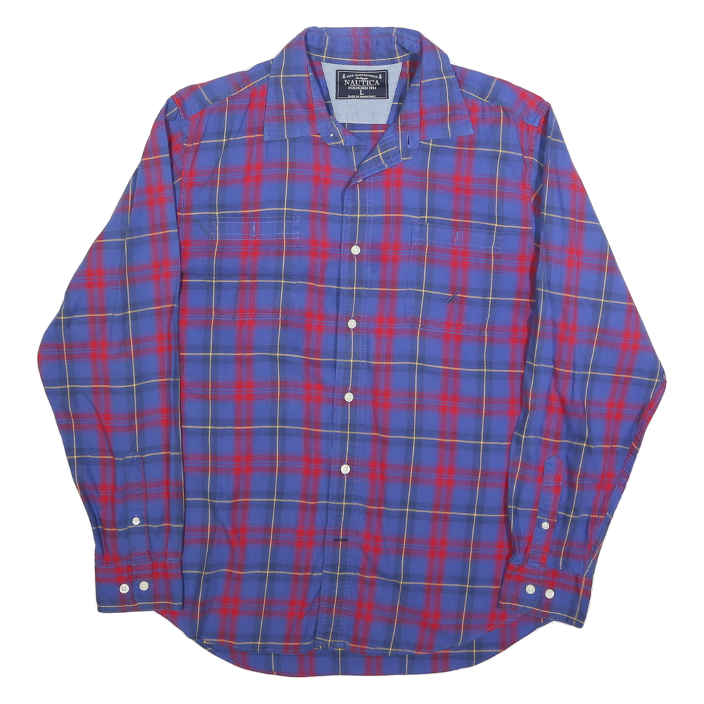 NAUTICA Mens Blue & Red Check Shirt L Long Sleeve Cotton Blend Button Closure