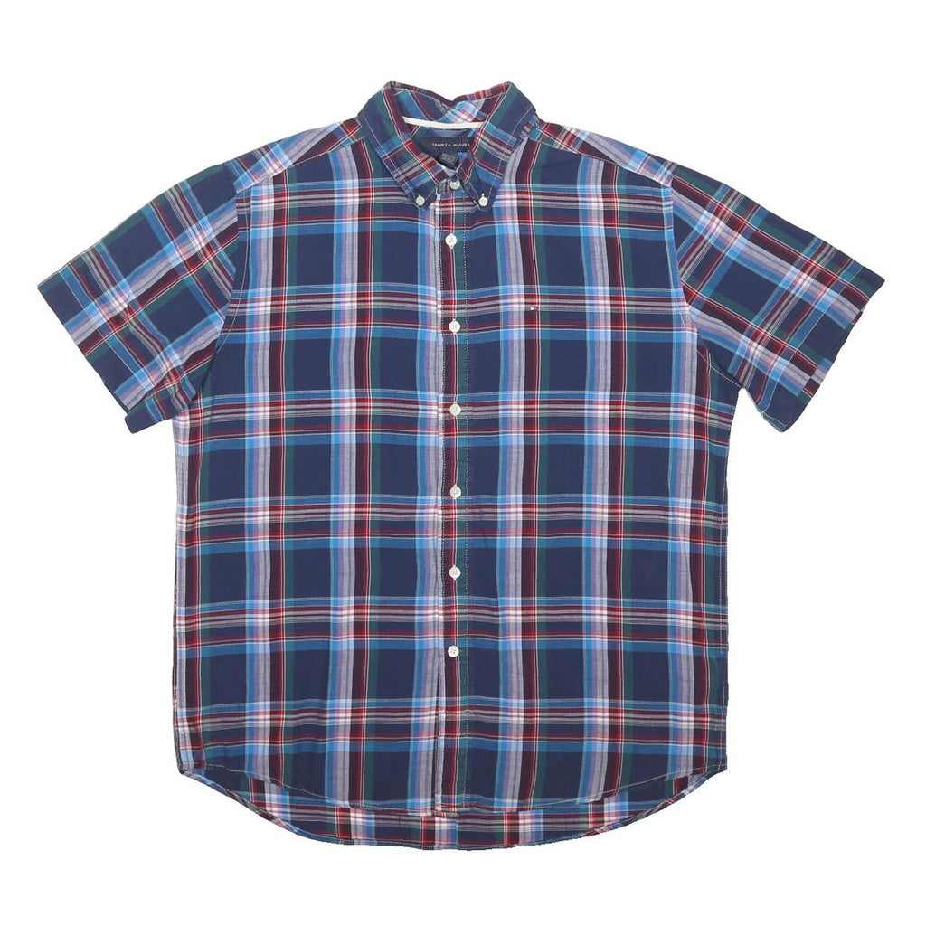 TOMMY HILFIGER Mens Blue Plaid Cotton Blend Shirt L Casual Short Sleeve Button
