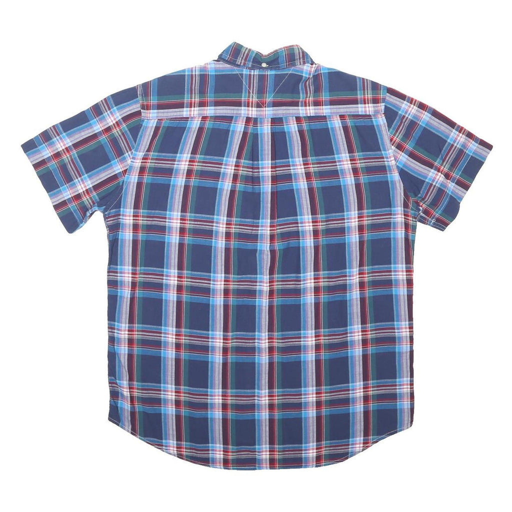 TOMMY HILFIGER Mens Blue Plaid Cotton Blend Shirt L Casual Short Sleeve Button