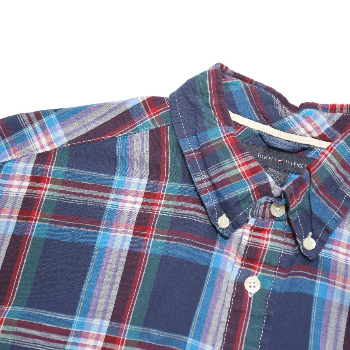 TOMMY HILFIGER Mens Blue Plaid Cotton Blend Shirt L Casual Short Sleeve Button