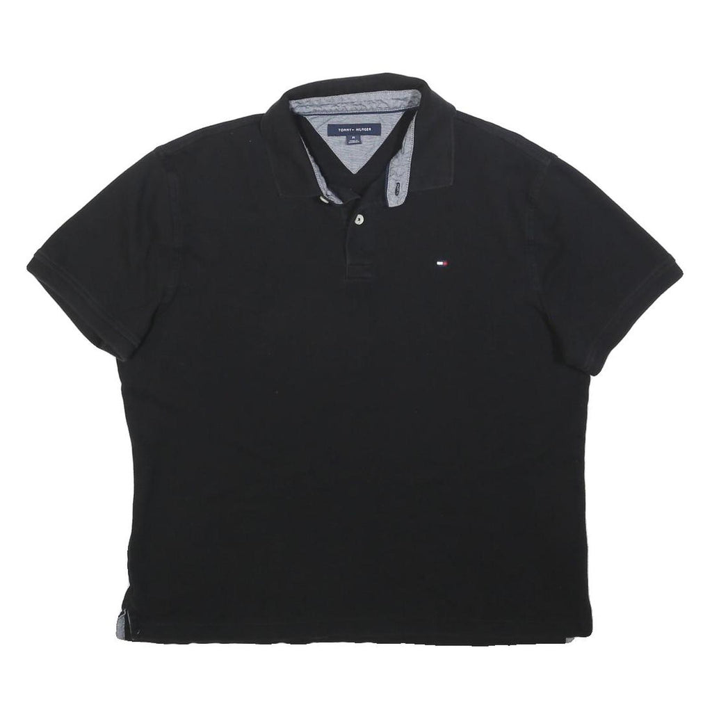 TOMMY HILFIGER Mens Black Polo Shirt M Cotton Blend Short Sleeve Plain Casual