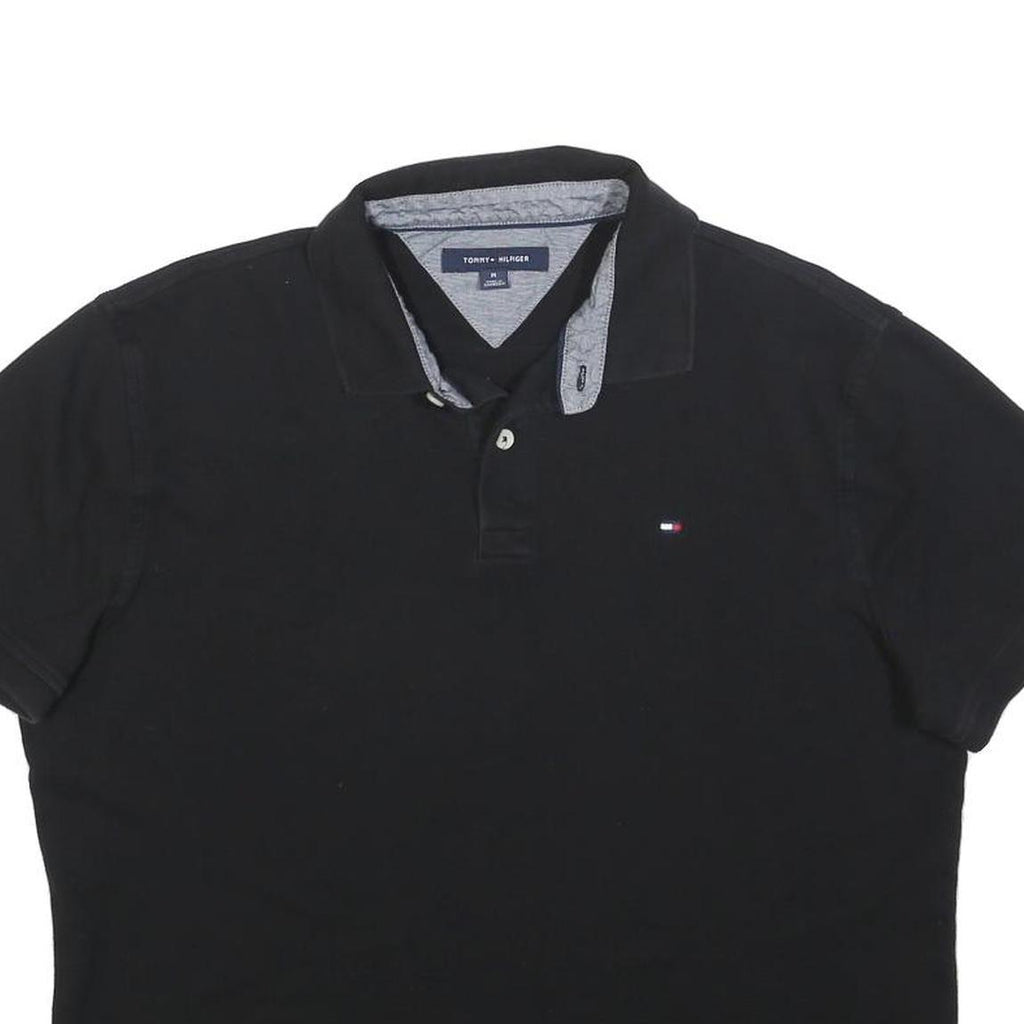 TOMMY HILFIGER Mens Black Polo Shirt M Cotton Blend Short Sleeve Plain Casual