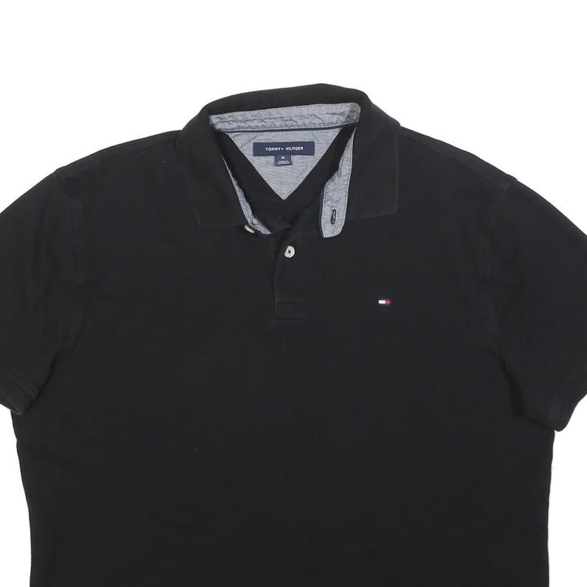 TOMMY HILFIGER Mens Black Polo Shirt M Cotton Blend Short Sleeve Plain Casual