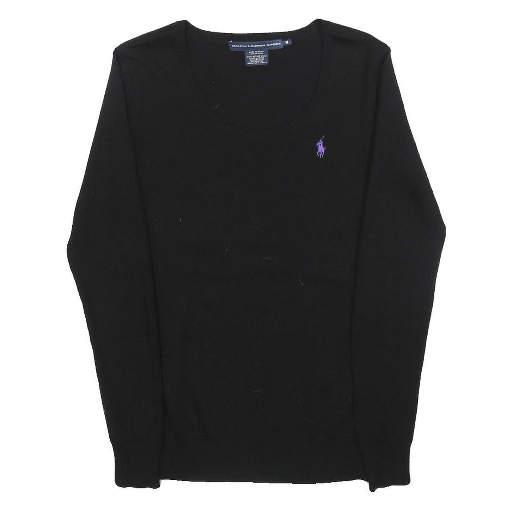 RALPH LAUREN SPORT Womens Black Plain Wool Jumper Crew Neck Basic Knit M