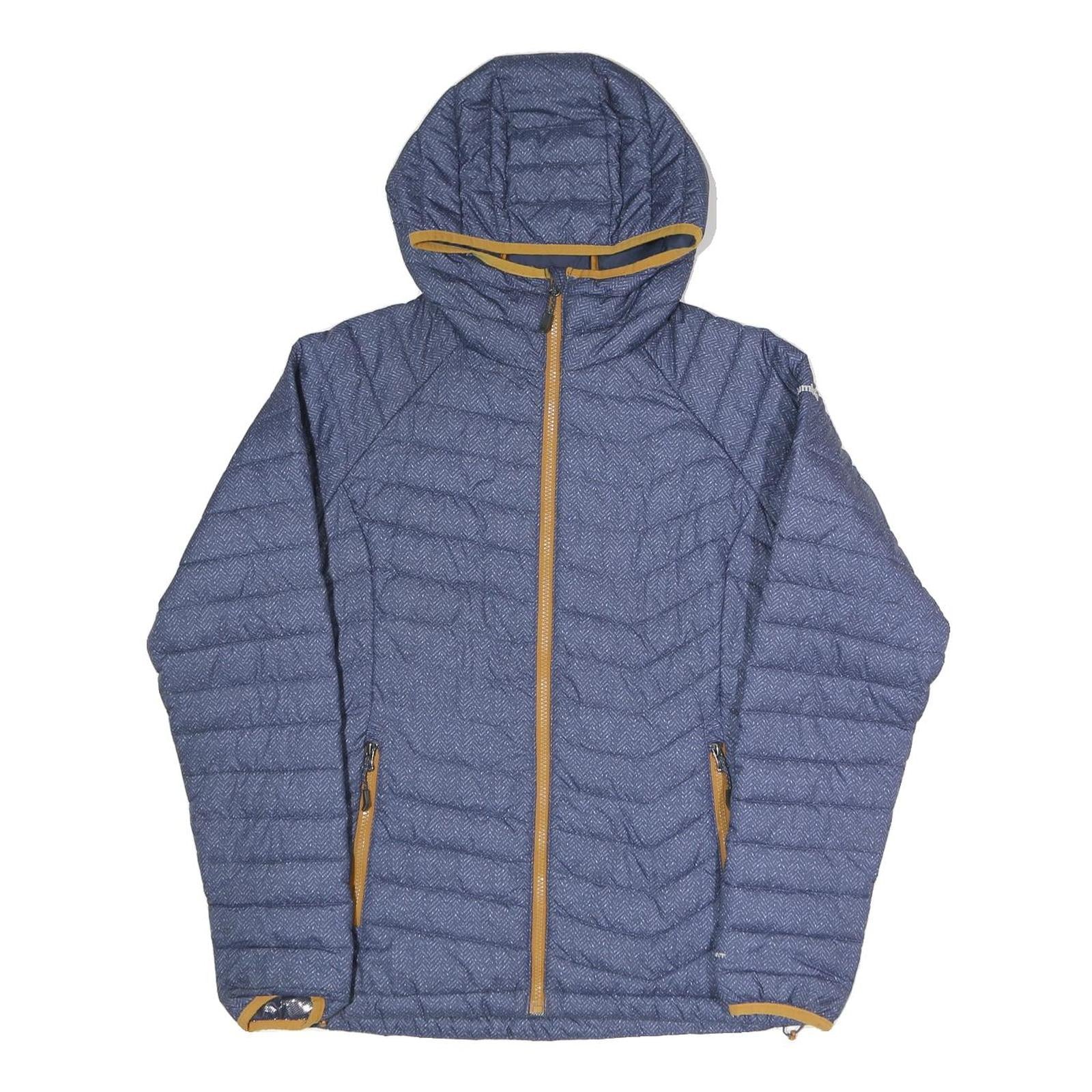 COLUMBIA Womens Blue Herringbone Puffer Jacket M Polyester Blend Hooded Zip