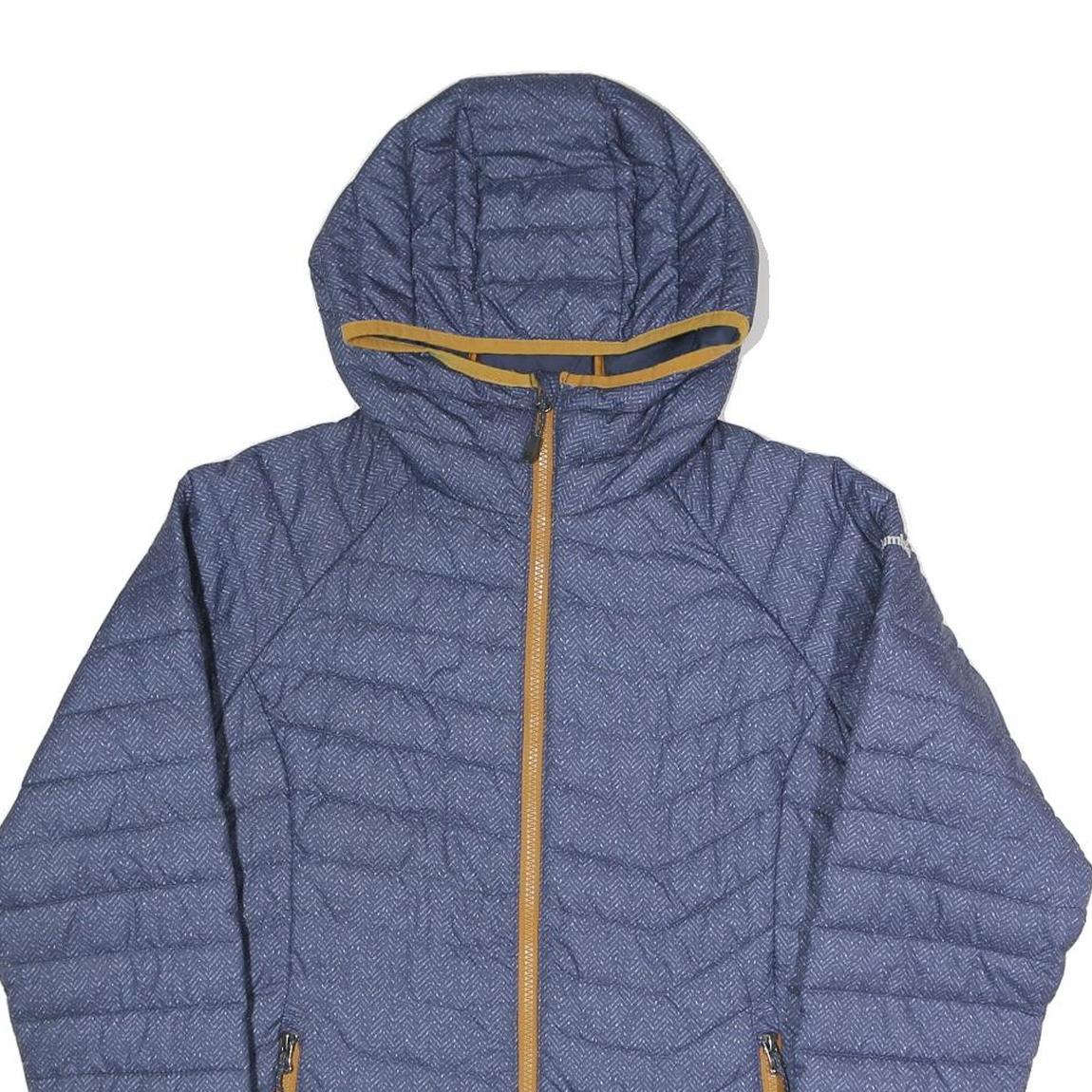 COLUMBIA Womens Blue Herringbone Puffer Jacket M Polyester Blend Hooded Zip