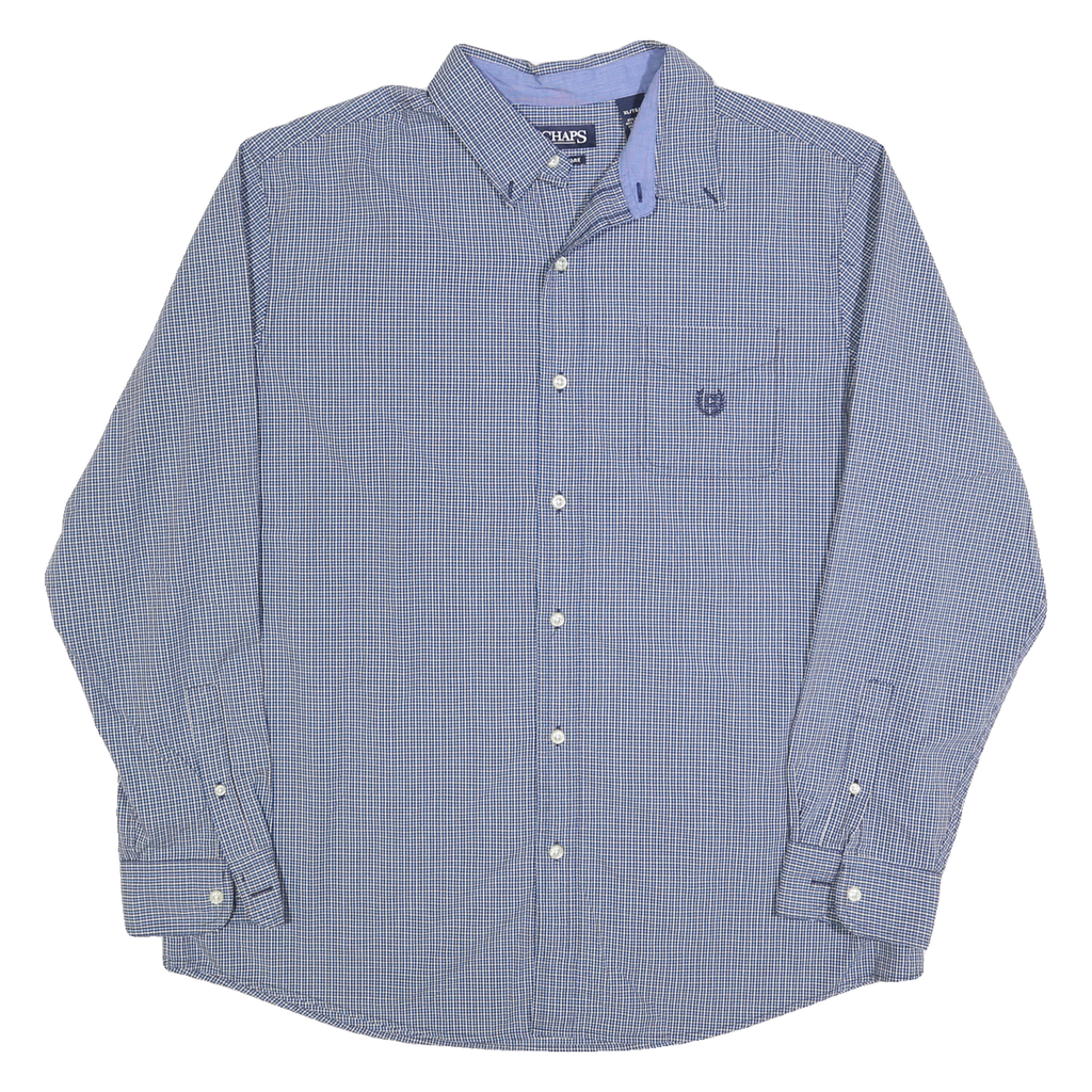 CHAPS Mens Blue & White Checked Shirt XL Cotton Blend Button-Down Collar Casual